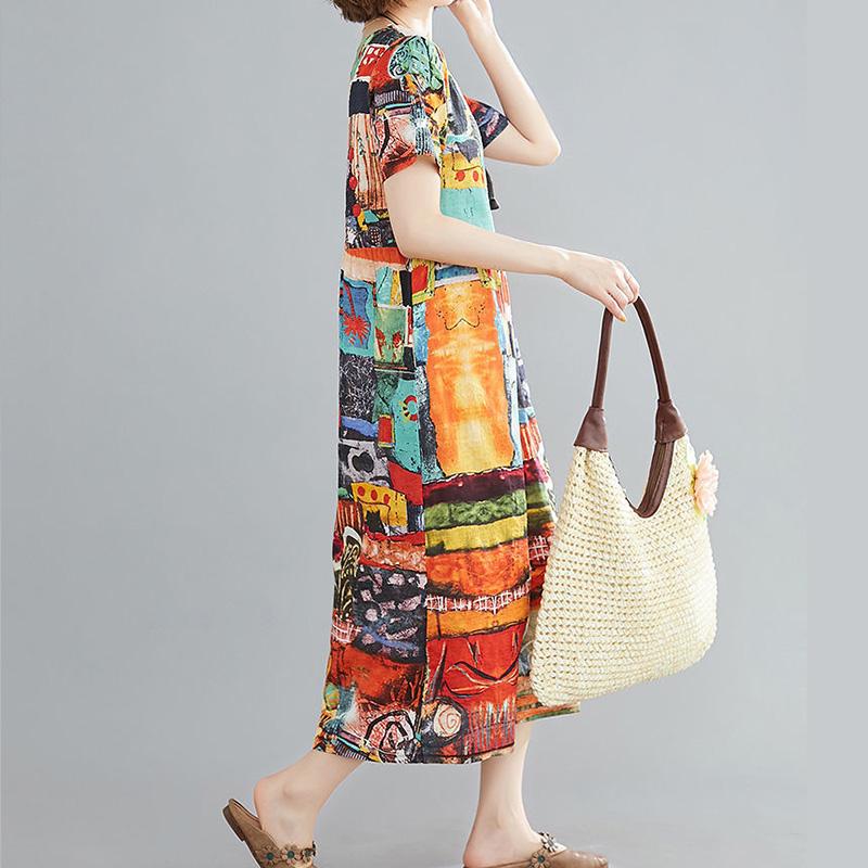 Ethnic Style Dress Female Summer Lively Bright and Loose Mid-length Summer Print Literary Plus Size Skirt