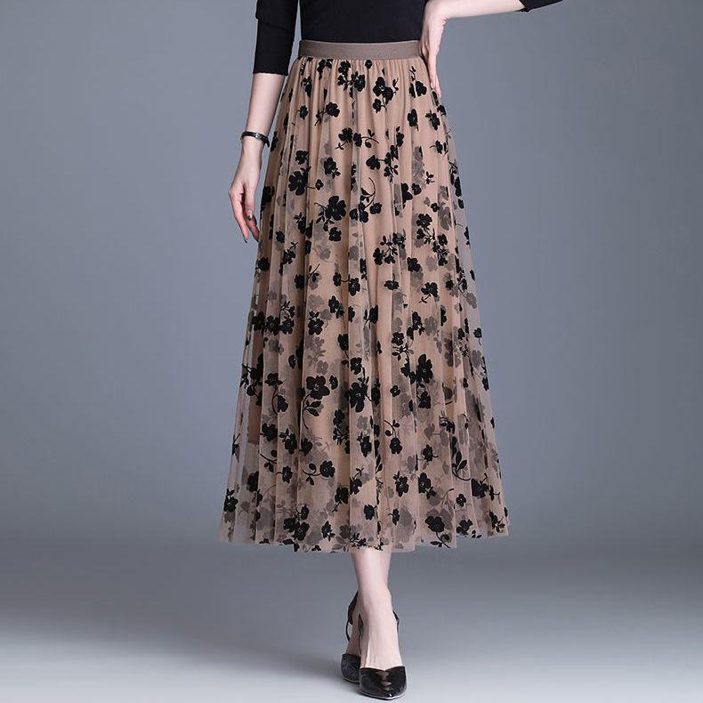 Mesh Floral Skirt Women's Spring/Summer High Waist Mid-Length A-Line Pleated Skirt