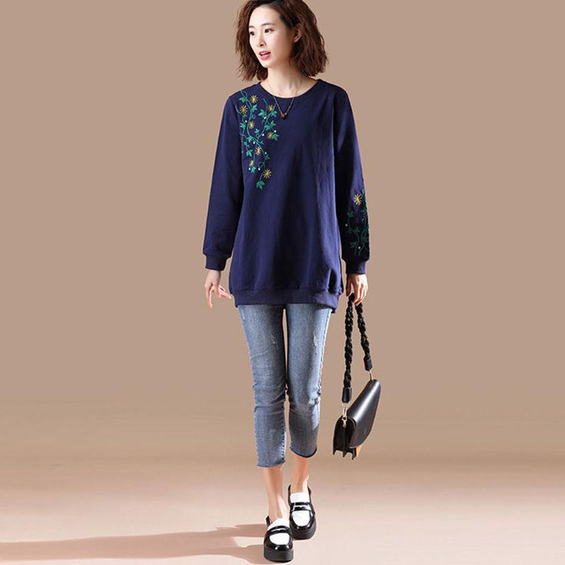 Women Ladies Long Sleeve Loose Blouse Summer Round Neck Casual T-Shirts Tops Clothing embroidery Casual Soft Pullover