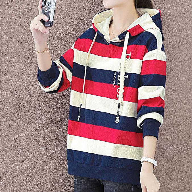 Women's Large Size Striped Hoodies Spring and Autumn Cotton Loose Coat Slim Versatile Long Sleeve Tops