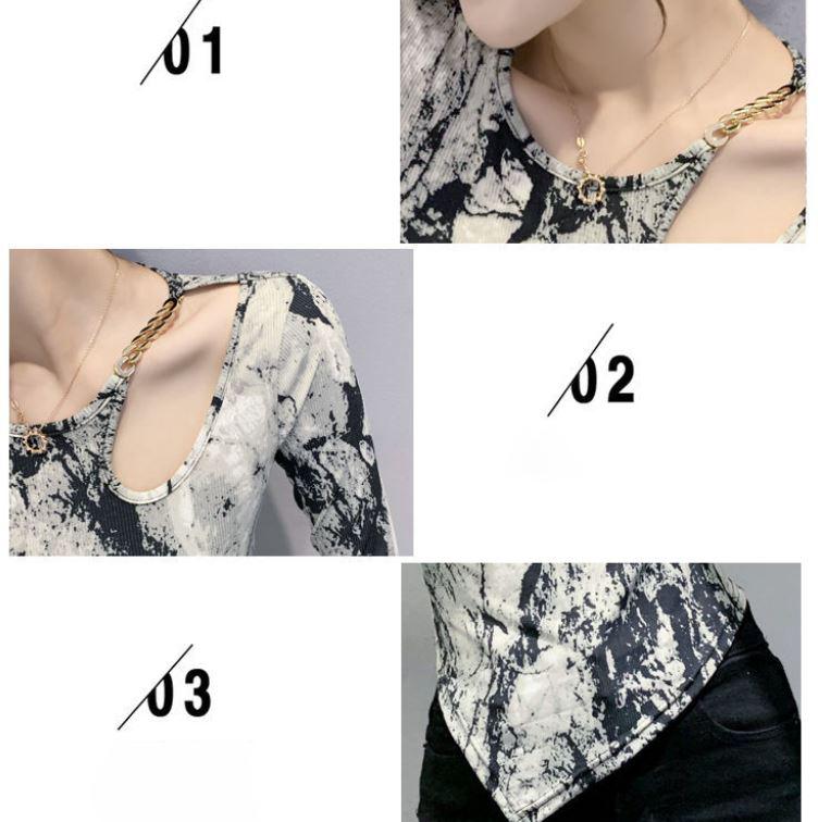 Fashion Irregular Leopard Print Top Women Sexy Hollow Out Shoulder Long Sleeve Top Fashion Large Size Bottoming Shirt