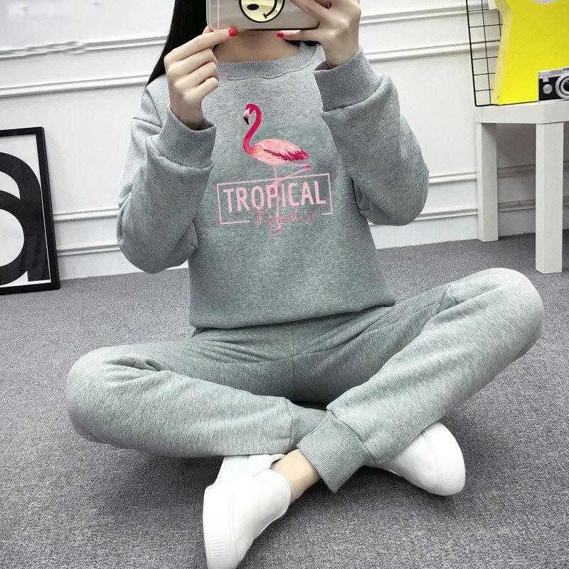 2pcs/set Women Fleece Liner Sweatshirt Tracksuit  Winter Casual Loose Jumper Plus Size  Outfits  Outwear