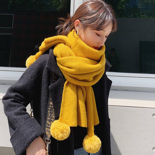 Cashmere Scarves Lady Winter Thicken Warm Soft Pashmina Shawls Wraps Plush Ball Tassel Scarf