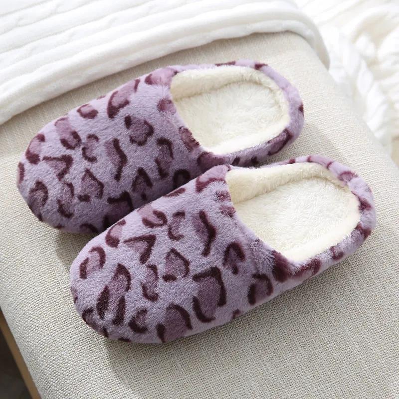 Women Autumn Winter Indoor Slippers Warm Plush Home Leopard Print Slipper Female Household Flat Floor Soft Slient Slippers for Bedroom