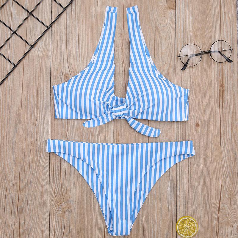 WTEMPO Swimsuit blue striped U-necked chest knotted bikini split swimsuit