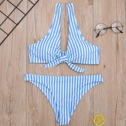 WTEMPO Swimsuit blue striped U-necked chest knotted bikini split swimsuit