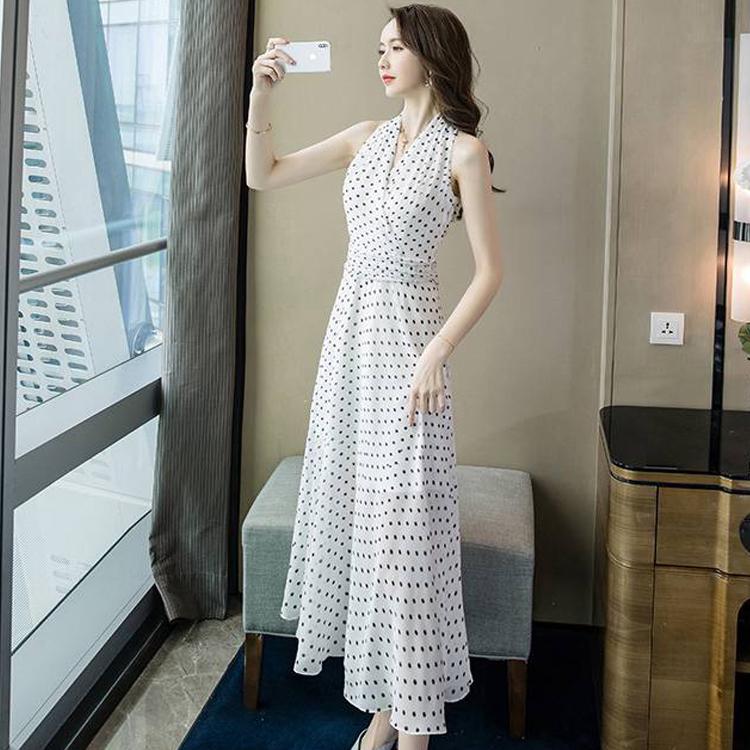 Sexy Polka Dot Dress Bohemian Sleeveless Maxi Dress Summer High Waist Bandage Halter Beach Sundress
