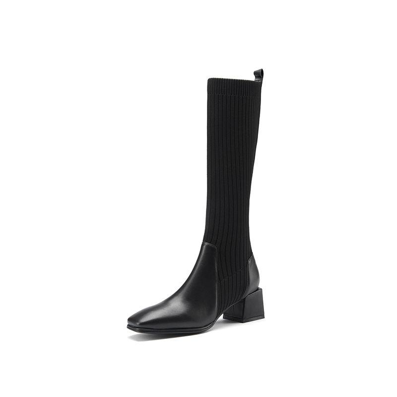 Women's Leather Socks and Long Boots But The Knee Is Thinner Stretch Knit Mid-tube High-heeled High Boots