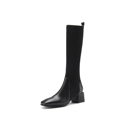Women's Leather Socks and Long Boots But The Knee Is Thinner Stretch Knit Mid-tube High-heeled High Boots