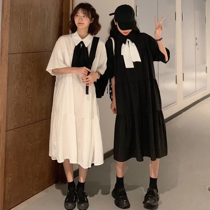 Cute Sweet Girl Bow Ruffle College Style Mid-length A-shaped Skirt Age Reduction Looser  Short Sleeve Dress