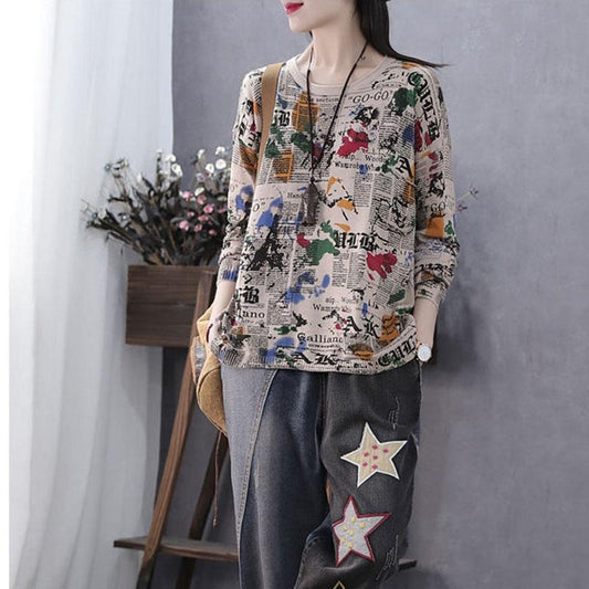 Women Vintage Printed Sweater Plus Size Ladies  Oversized Knitted  Pullover Bottoming or Outer Wear Jumper Tops Autumn Winter