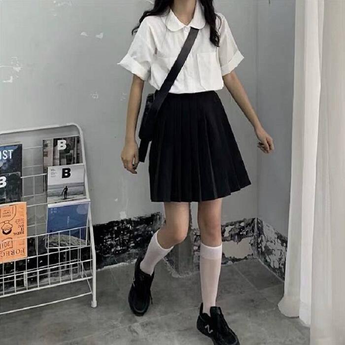 Women Large Size Elastic High Waist Thin Pleated Skirt Anti-light Student Sexy Black A-line Skirt