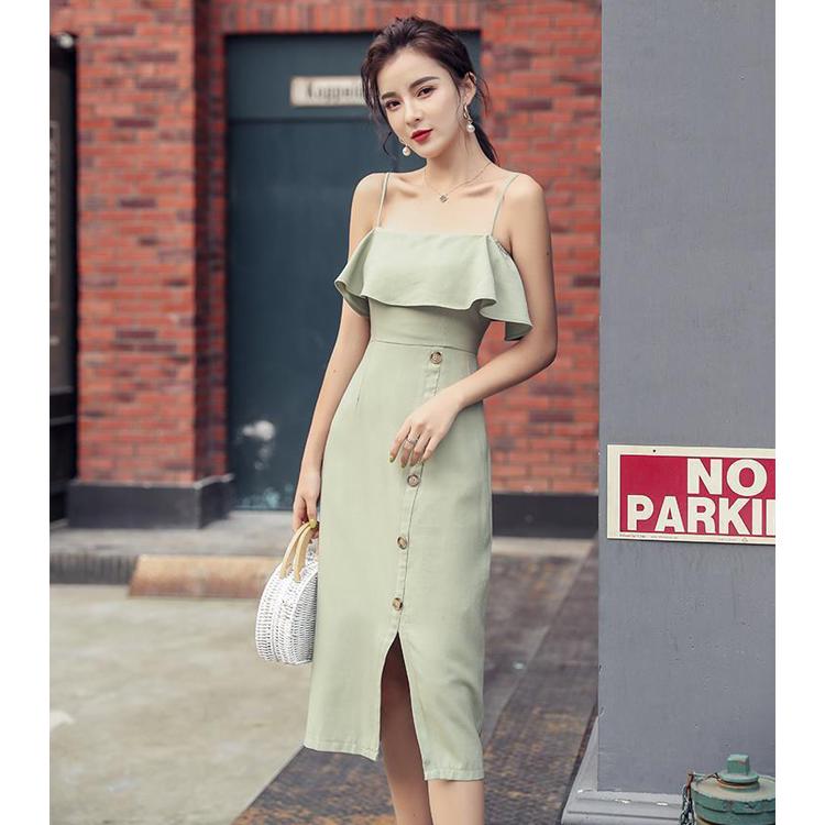 French Ruffle Dresses One-shoulder Sling Dress for Holiday Maldives Single Breasted Split Sexy Dress