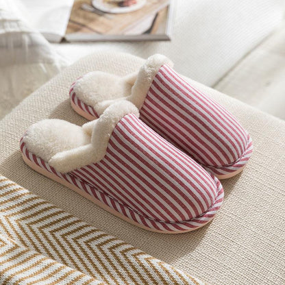 Autumn and Winter Pure Cotton Slippers Striped Design Indoor Non-slip Soft-soled Shoes Warm Simple Plush Cotton Shoes