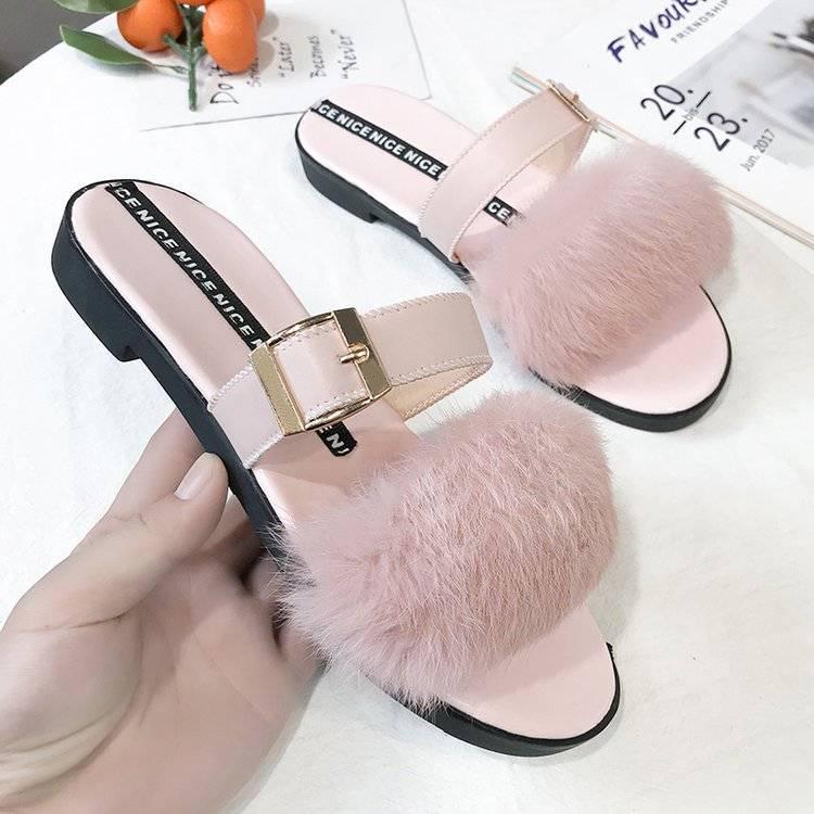 Furry sandals and slippers outside slippers four seasons popular summer women's shoes flat bottom