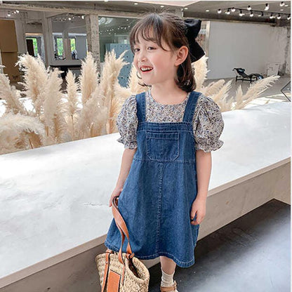 2PCS Children Clothing Set Spring Summer Girls Suits Floral Short Sleeve Tops + Denim Skirt Clothing Hin Strap Skirt Suit