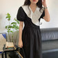Women's Summer Long Dress Round Neck Puff Sleeves Solid Color V-Neck Dress