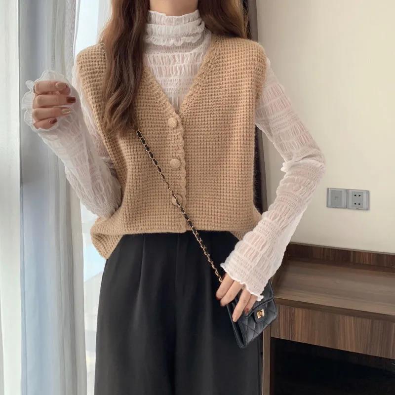Women's Vest Waffle V-neck Knitted Cardigan Over Layered Sweater Coat