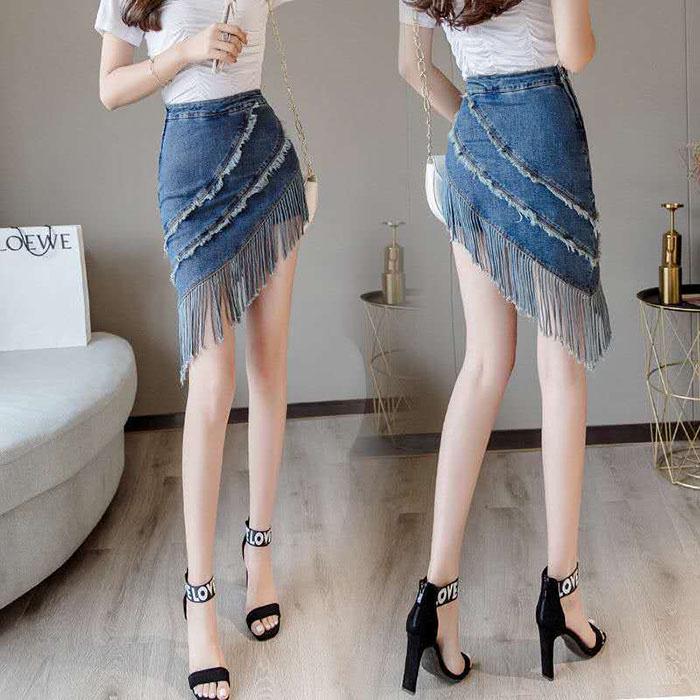 Pofulove Women High Waist Slim Fringed Denim Skirt Anti-light Bag Hip Skirt Casual A-line Skirts