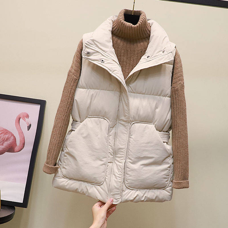 Autumn and Winter Korean Style Temperament Vest Solid Color Stand-up Collar Tie Coat Thickening Short Female Down Cotton Vest