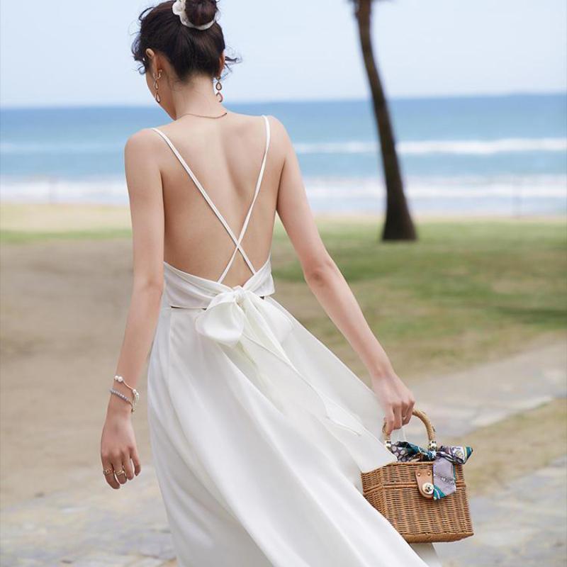 Summer New Style Female Slim Mid-length Halter Slim V-neck High-waist Seaside Holiday Suspender Dress