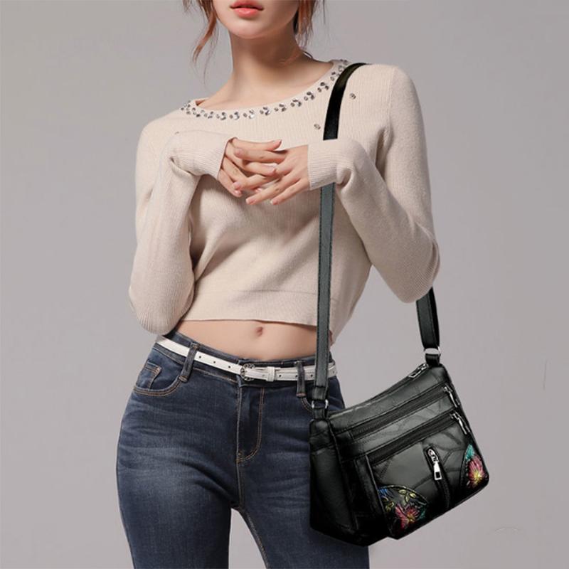 Women Multi-Layer Crossbody Bags Portable Large Capacity Classic Soft Surface Printing Black PU Leather