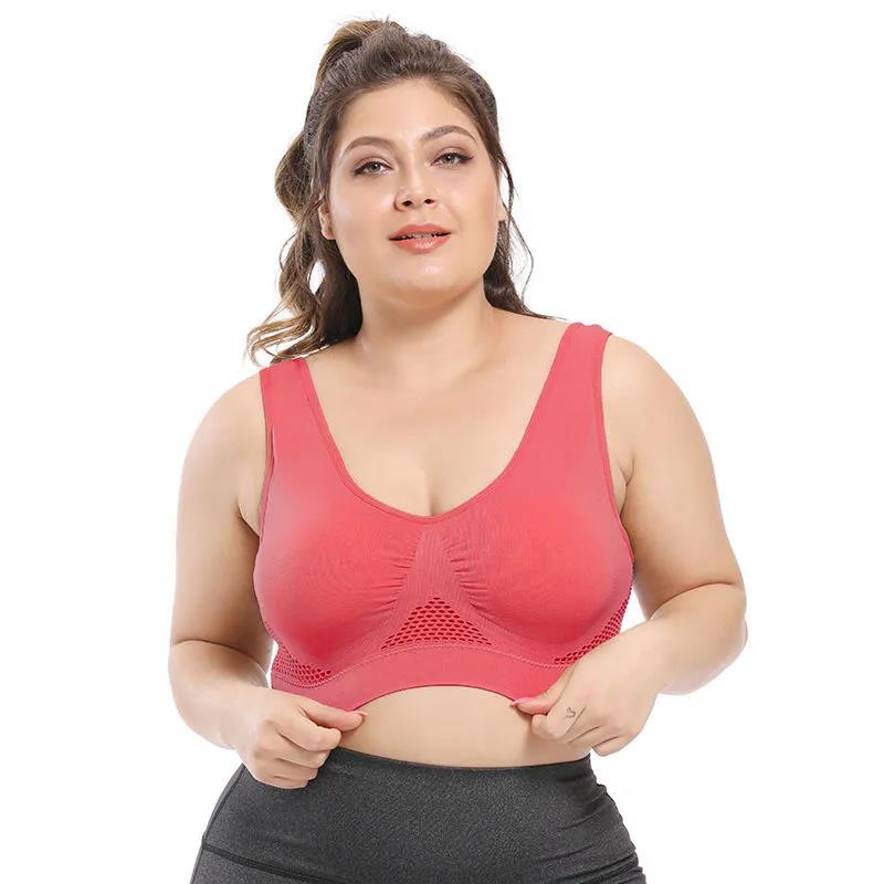 Women's Plus Size Seamless Bra with Pads Solid Color Breathable Bra Hollow Out Sports Yoga No Wire Gathering Vest Bra