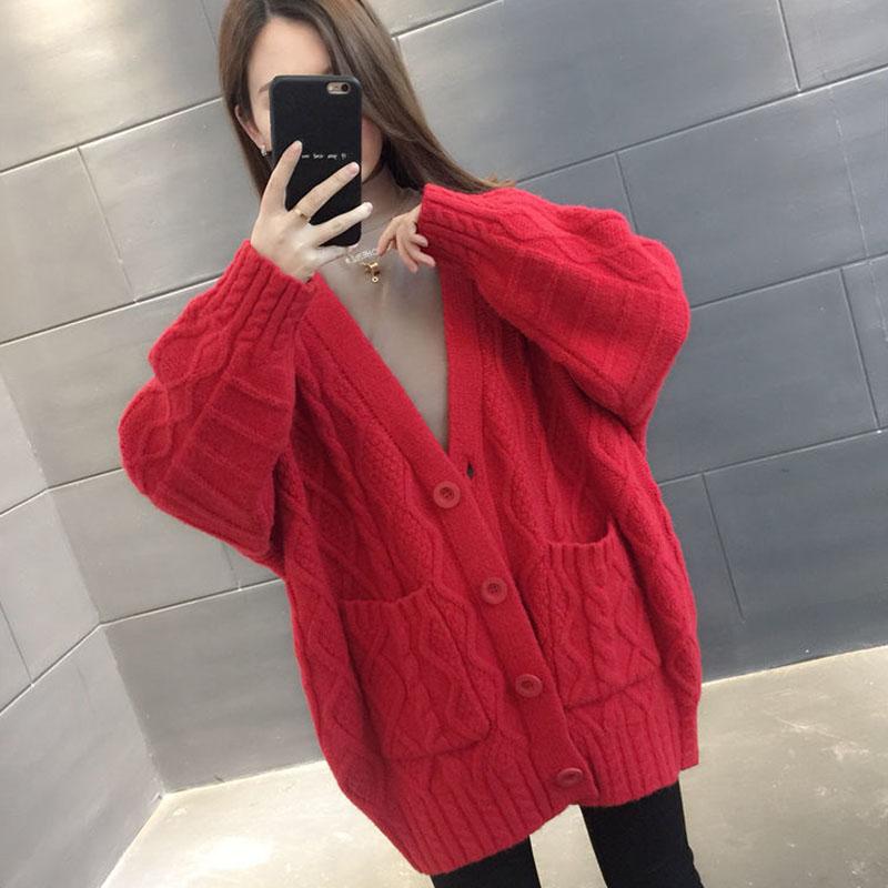 Autumn and Winter Thick Coat Cardigan Fashion Casual Top Mid-length Loose Women Sweater