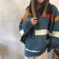 Pofulove Autumn Winter Harajuku Stitching Striped Mid-length Pullover Sweater Loose Sweater Coat