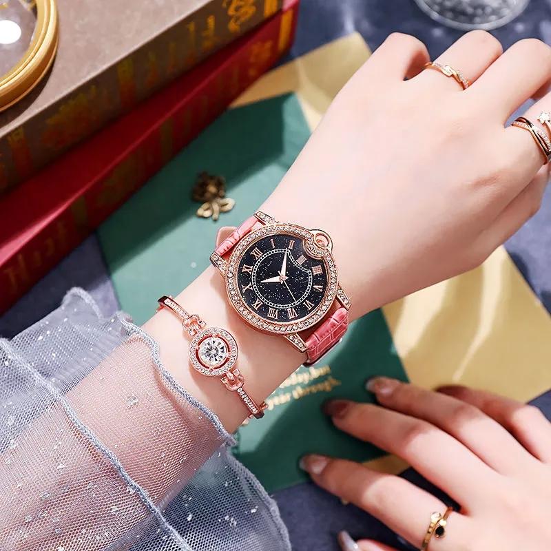 Women's Star Night Light Luxury Rhinestone Watches Korean Style Simple Round Disc Belt Niche Luminous Watches