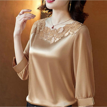 Three-quarter Sleeves Plus Size Chiffon Top Women's Embroidered Loose Round Neck Satin Mother's Belly Cover Shirt