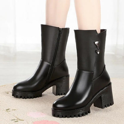 Winter Non-slip Cotton Boots Women's Mid heel Warm Martin Boots Plus Velvet Padded Shoes Thick soled Leather Shoes