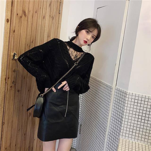 Pofulove Girly Princess Lace Yarn Spliced Neck  Knitwear Skin-friendly Loose Women Pullover Sweater