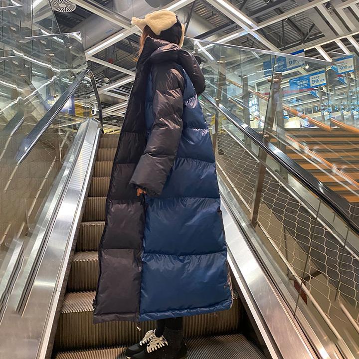 Women's Down Padded Jacket Mid-length Winter Clothes Double Color Matching Loose Padded Stand-up Collar Hooded Padded Jacket