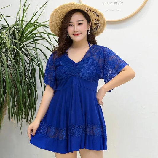 Plus Size Swimsuit Women's Solid Color Lace V-neck Tie Pleated Swimwear with Chest Pad Sexy Backless Beachwear Belly Cover Skirt Separate Swimsuit