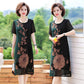 Women's Clothing Large Size Loose Chiffon Dress Round Neck Short Sleeve Printing Knee-length