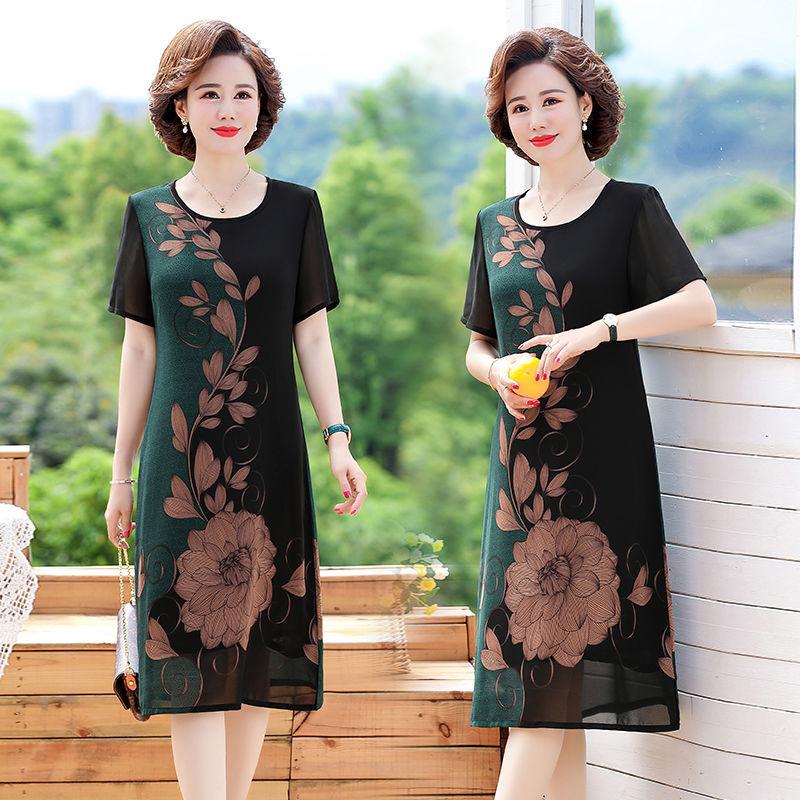 Women's Clothing Large Size Loose Chiffon Dress Round Neck Short Sleeve Printing Knee-length