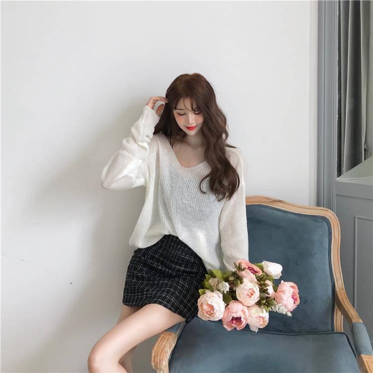 Pofulove Sleeve Retro Bottoming Shirt Winter Girl Thin Lazy Wind Loose Hollow Sweater Warm sweater