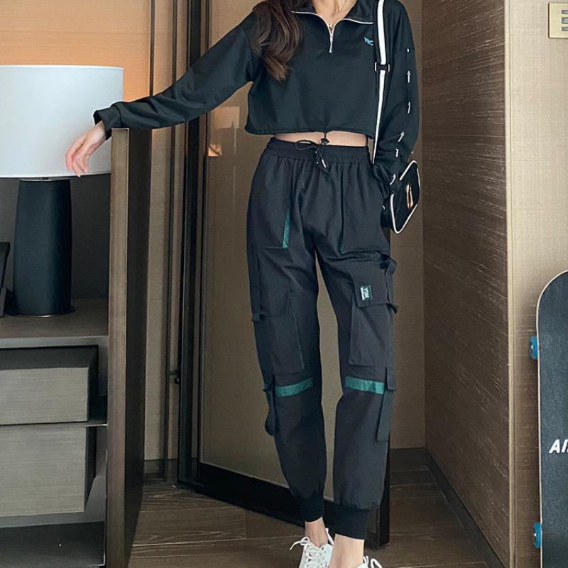 Pants Women's Loose All-match Trend Overalls High-waisted Thin Black Sports Pants Female High-waist Students