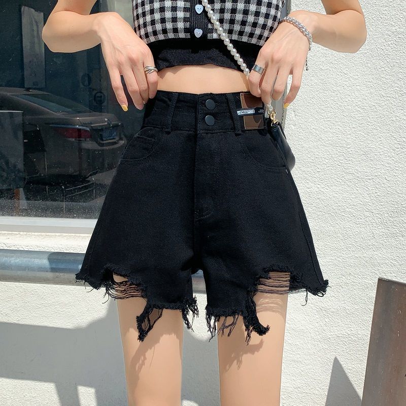 Black Denim Shorts Women's Summer Design Raw Edge Wide-leg Pants Women's Loose Casual