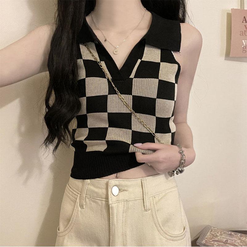 Short Checkerboard Slim Ice Silk Knitted Vest for Women with A Sense of Niche Outside Wearing Polo Collar Sleeveless Top