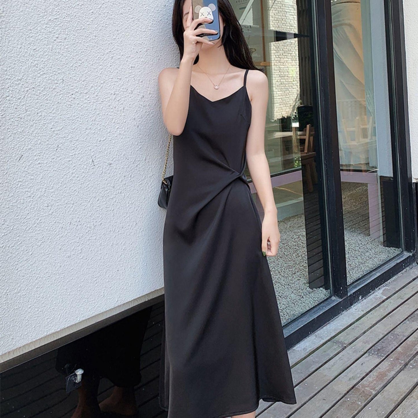 Female Summer V-neck Satin Medium Length Simple Casual Light Mature Style Korean Elegant One Piece Bottom Strap Dress