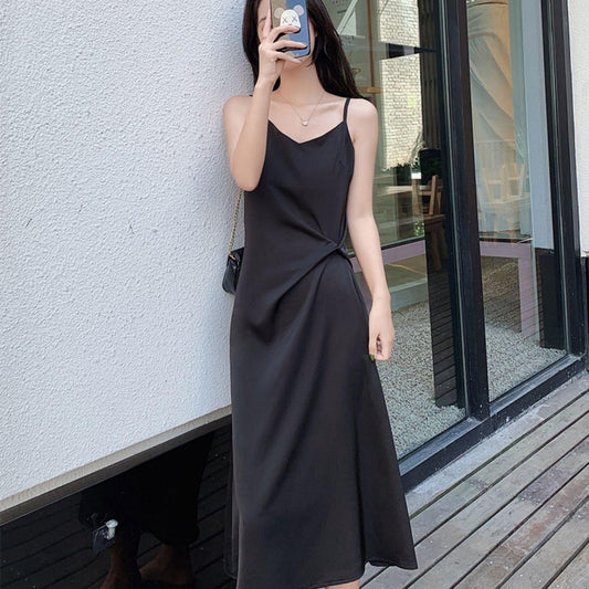 Female Summer V-neck Satin Medium Length Simple Casual Light Mature Style Korean Elegant One Piece Bottom Strap Dress