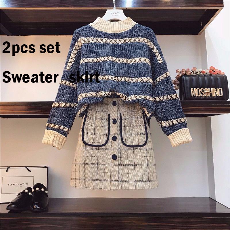 Large Size 2pcs Set Sweater+Short Skirt Woman Sweater High Collar Sweater Winter Knitting Sweaters