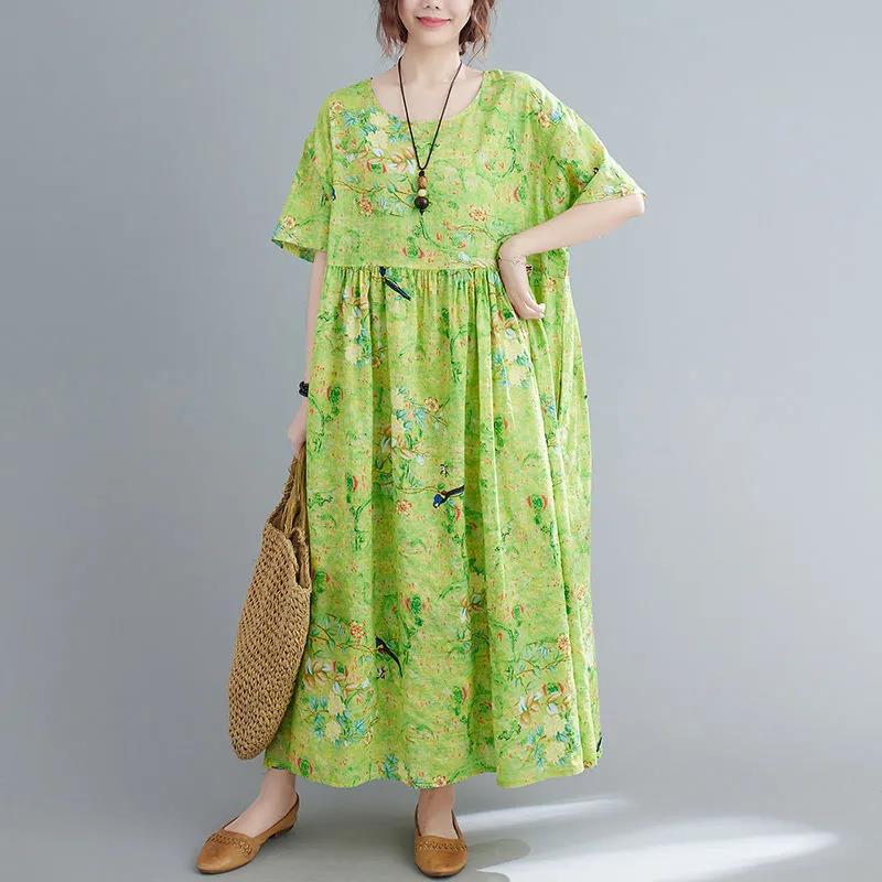 Women's Clothing Long Dress with Pockets and Big Swing Summer Plus Size Loose and Thin Retro Short-sleeved