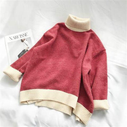 Pofulove High-neck Sweater Women Loose Thickened Pullover Hit Color Sweater Autumn and Winter