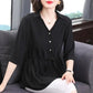 Short-sleeved Chiffon Shirt Women's Mid-sleeve Summer Loose Belly Cover Waist Top Solid Color V-neck Large Size Mid-length Thin Blouses Drawstring Top