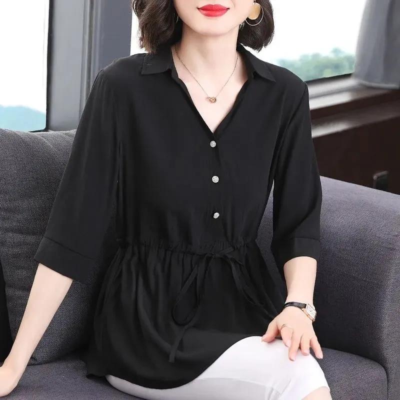 Short-sleeved Chiffon Shirt Women's Mid-sleeve Summer Loose Belly Cover Waist Top Solid Color V-neck Large Size Mid-length Thin Blouses Drawstring Top