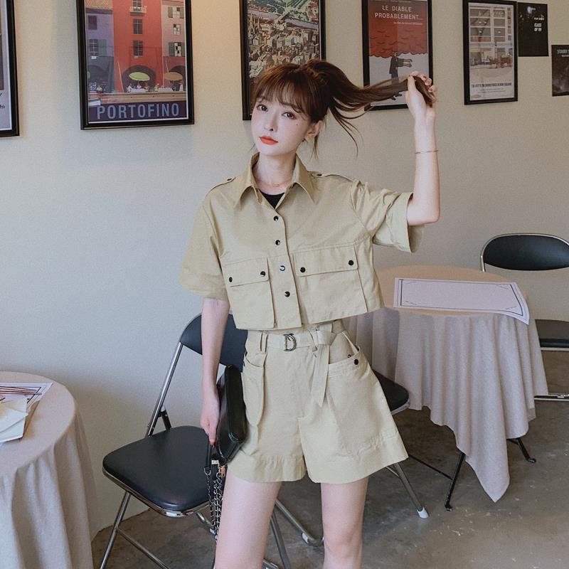 Two-piece Suit Women's Summer Casual Fashion Loose Tooling Korean Wide-leg Pants Suit Solid Color Top and Shorts