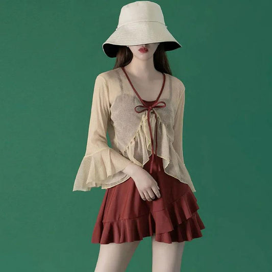 Sexy Lotus Leaf Sleeves Pleated Hem Swimsuit Sling Blouse Two-piece Set with Chest Pad Leisure Swimwear Cover Belly Slim Summer Beachwear